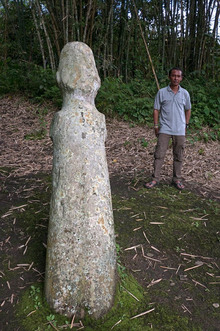 Pekasele statue with archaeologist Iksam Djorimi, near Tamadue village, Napu Valley